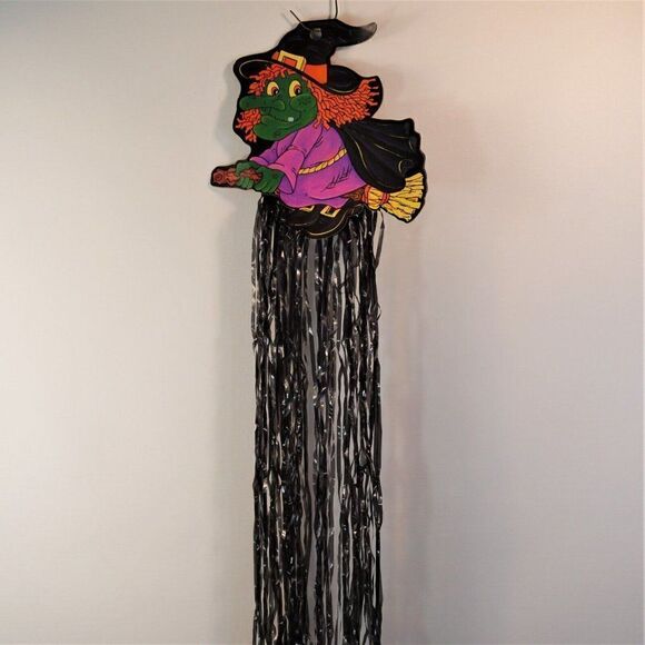 Vintage Flying Witch on Broomstick Black Fringe Halloween Cardboard Die Cut - Picture 3 of 6